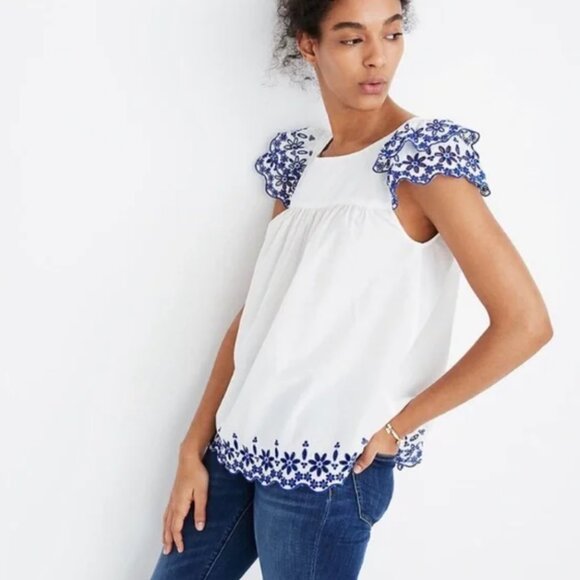 NWT MADEWELL sz 0 White Blue Embroidered Story Peasant Blouse Top retail $88 - Picture 1 of 14
